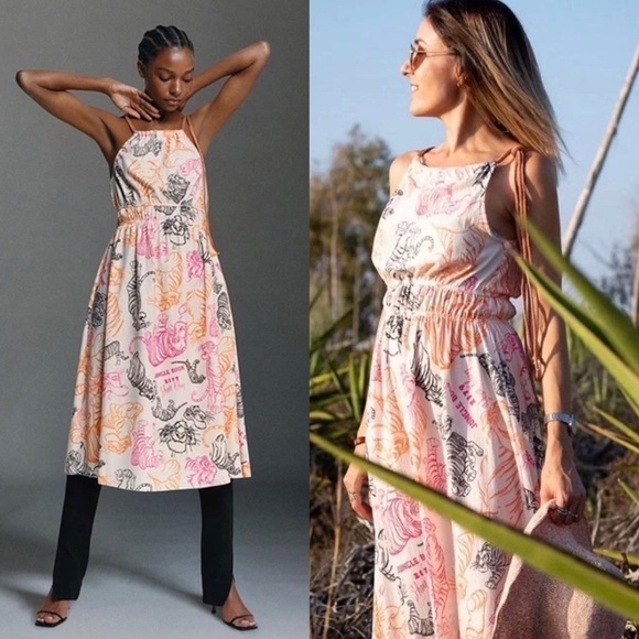 NWT ZARA X DISNEY Midi Dress Jungle Book Sketch Print Halter Rope Tie Pleated S - Picture 1 of 13